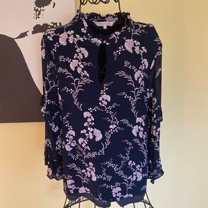 Feminine Part Two Blue/Pink Floral Top w/ Tiered Long Sleeves - Size 12 (42 EU)